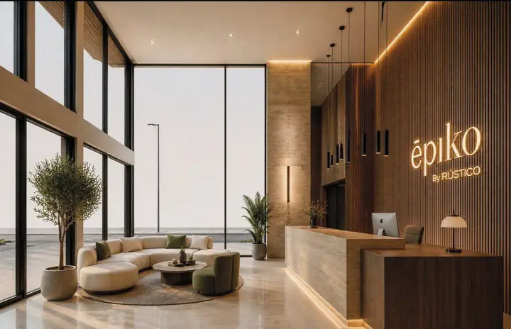 Lobby a doble altura con recepción en madera, sofá curvo y ventanales de suelo a techo.